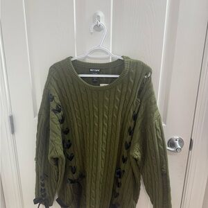 Hot Topic Olive Green Cable Knit Sweater with Black Ribbon Accents